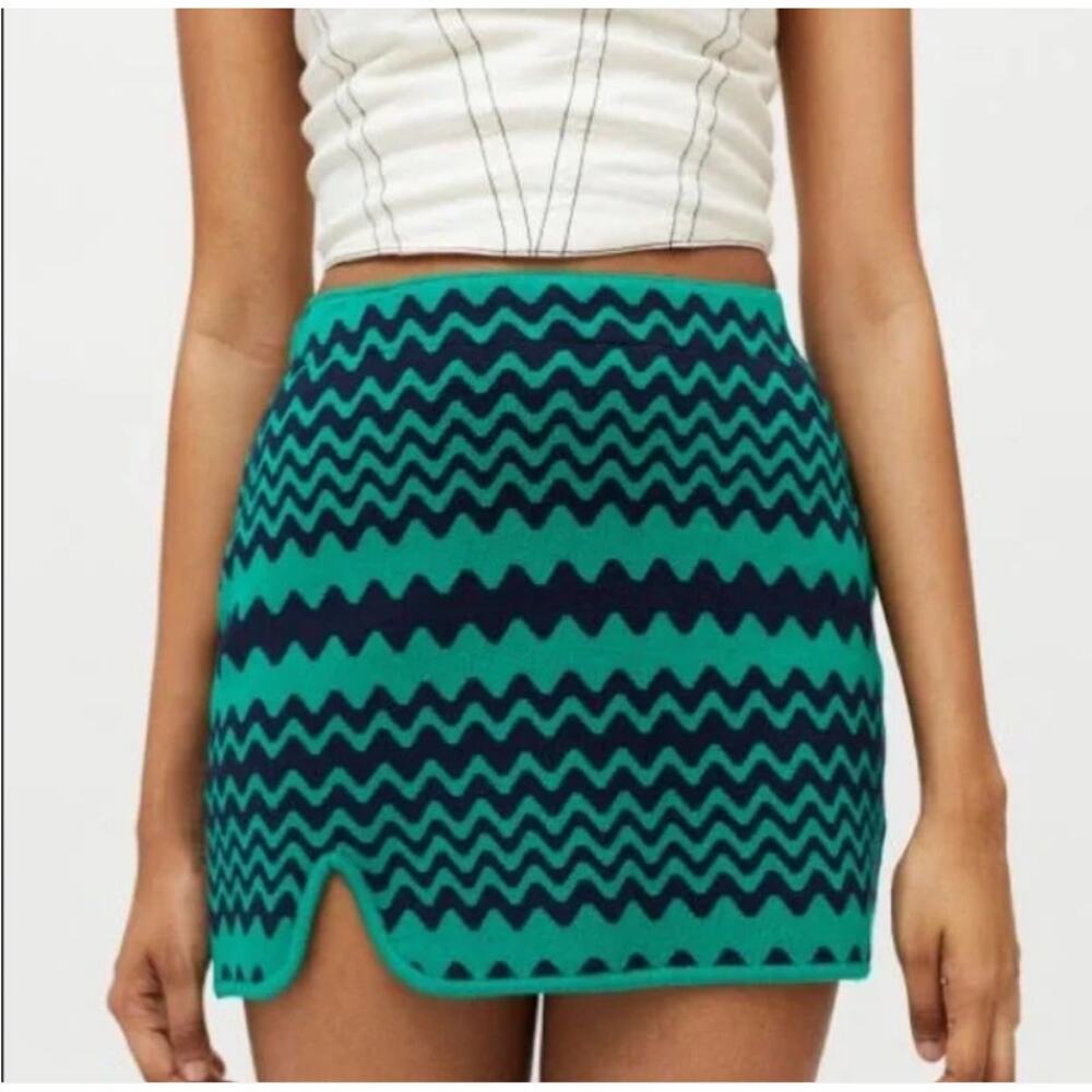 Urban Outfitters Tallulah Knit Mini Skirt XS Green Navy Boho Festival - Picture 2 of 5
